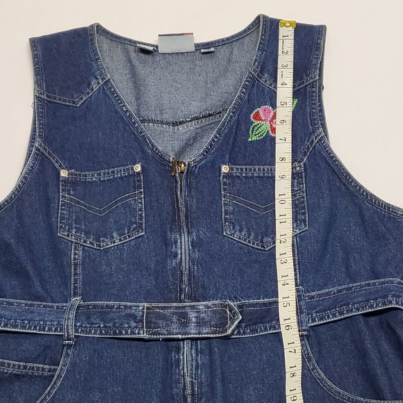 Vintage JL NY Womens Denim Midi Dress XL Sleeveless Zip Up Floral Embroidered - Picture 12 of 16